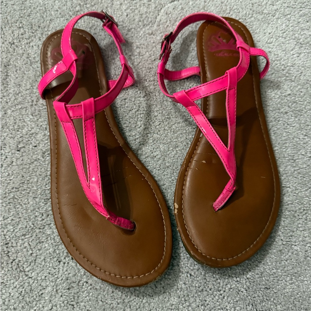 Neon pink strappy flat sandals Size 8